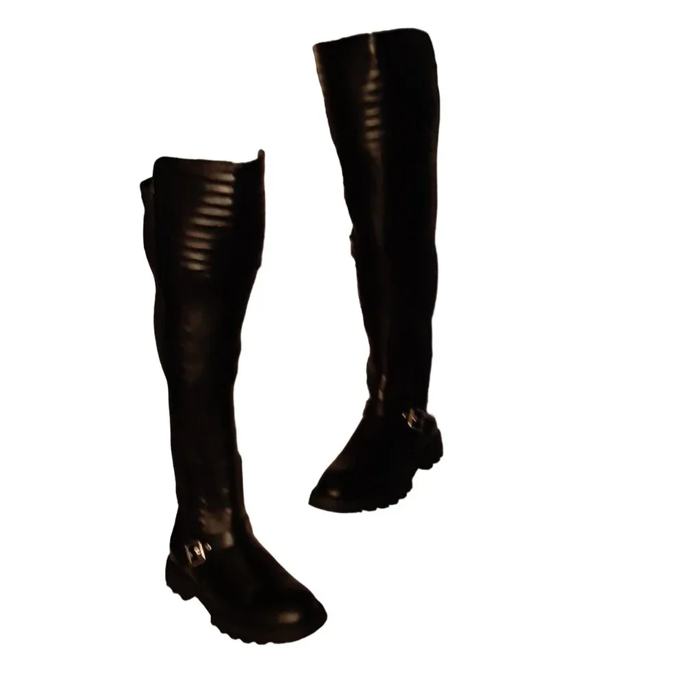 Urmi Riding Boots Buckle Black Faux-Leather size 7.5 7-½
